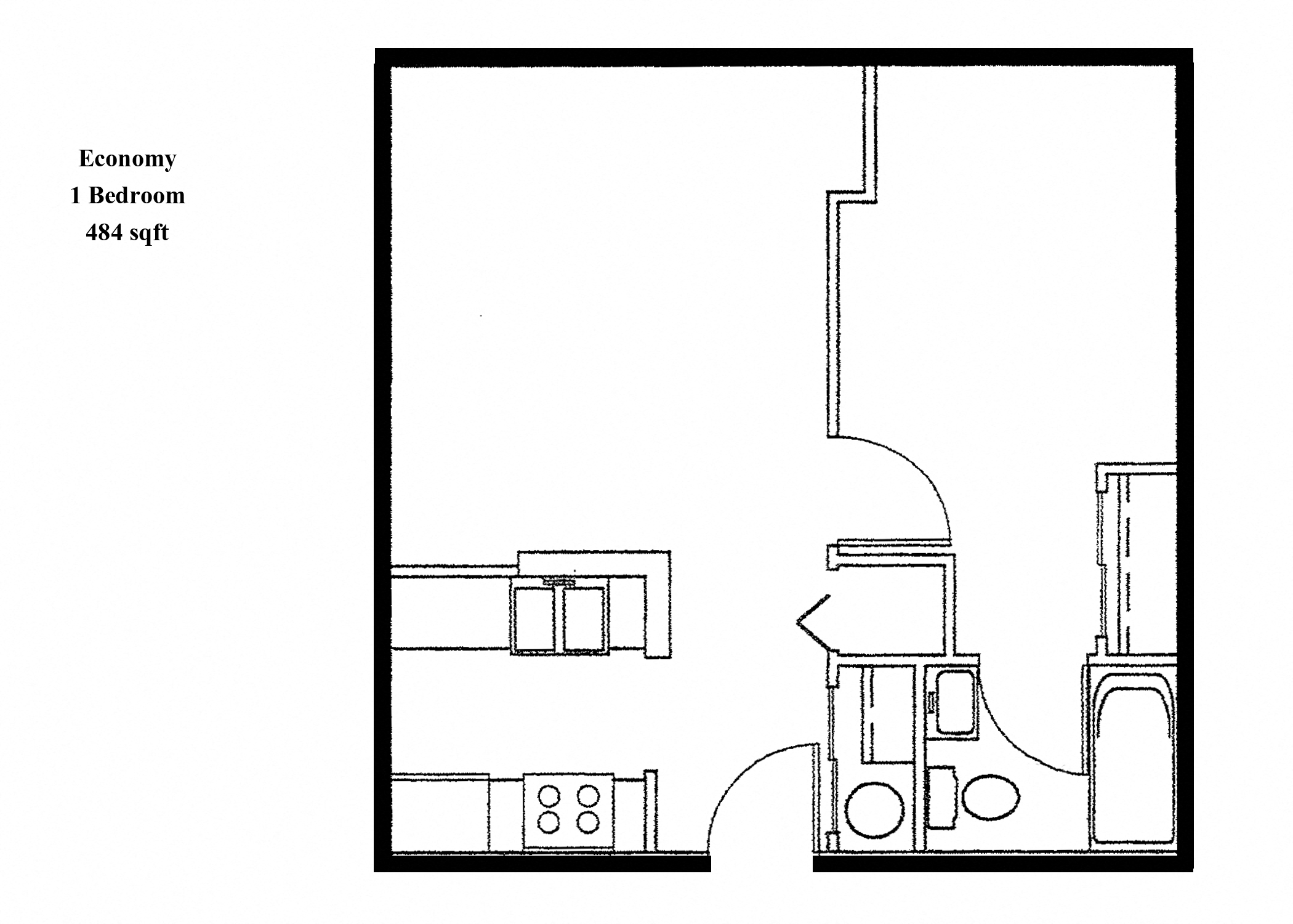 Floor plan for 1 bed, 1 bath, 484 sqft